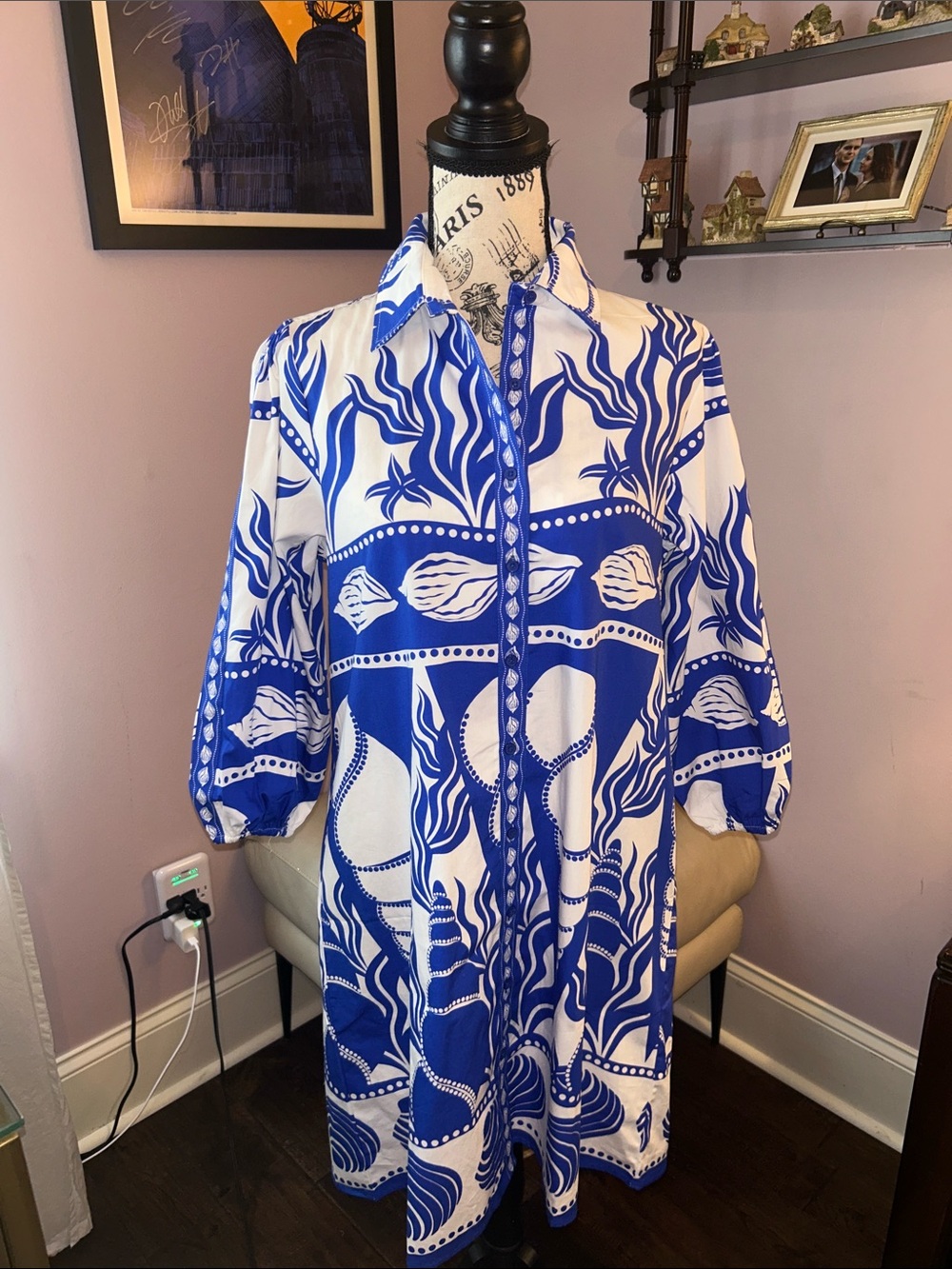 Blue & White Long Sleeve Printed Shirt Dress